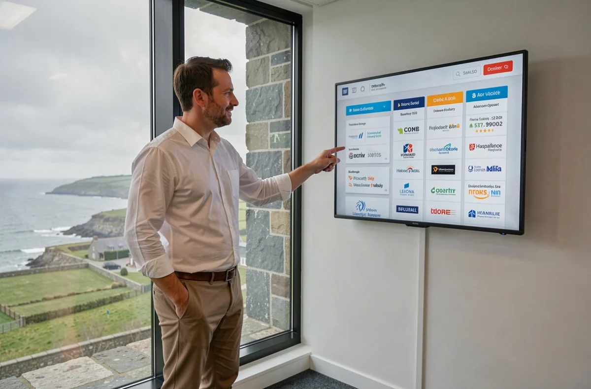 Consultant de Web Du Léon présentant des résultats SEO locaux devant un paysage breton
